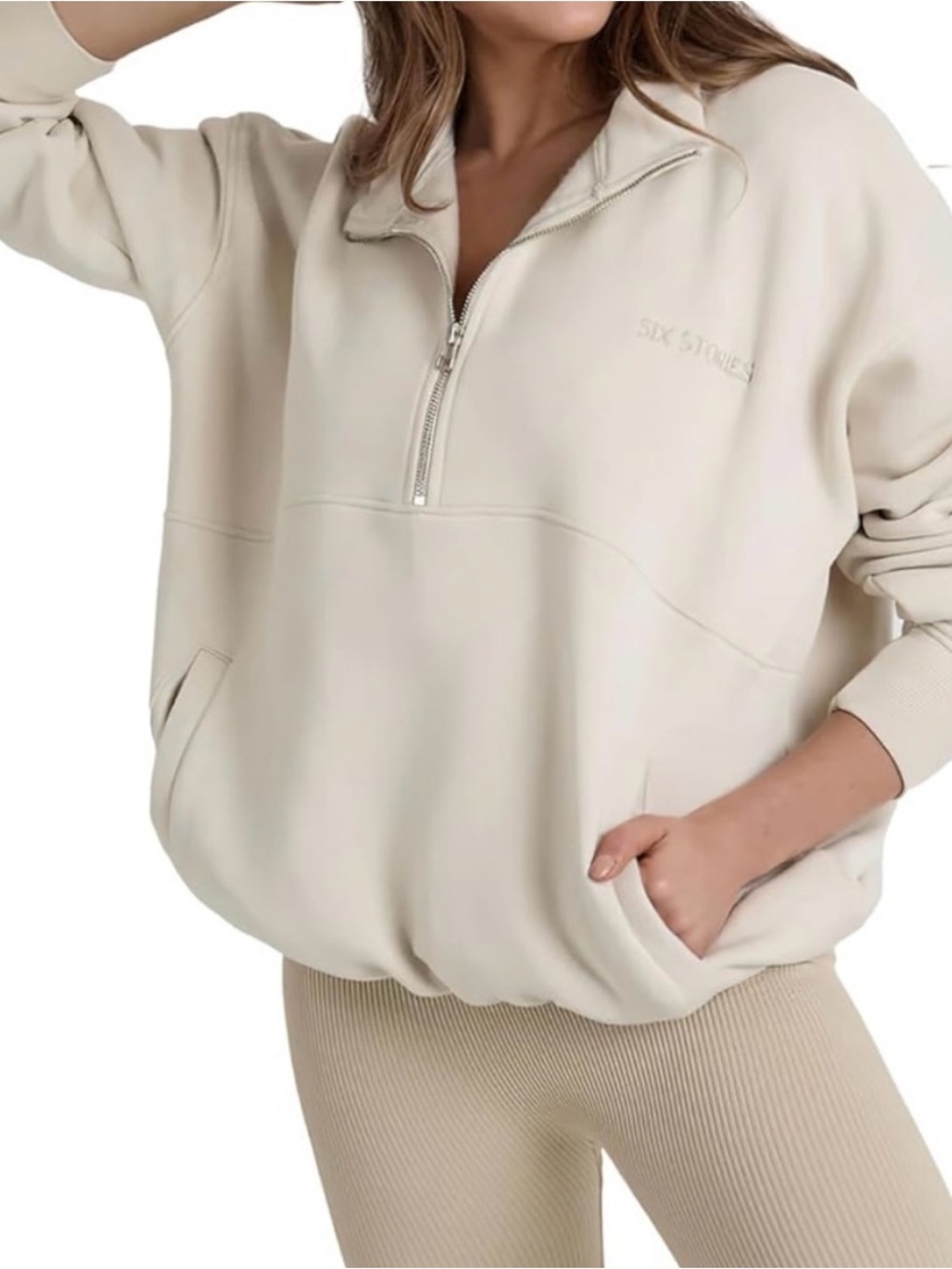 Six Stories cream wifey embroidered quarter zip pullover sweatshirt medium